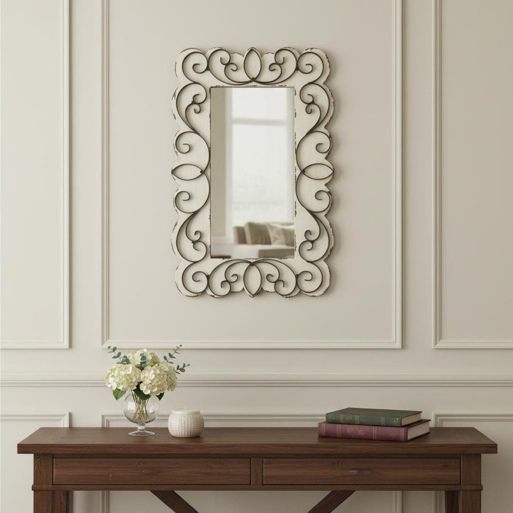 33" White Wood Floral Framed Accent mirror