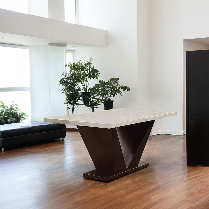 64" White Marble And Walnut Dining Table