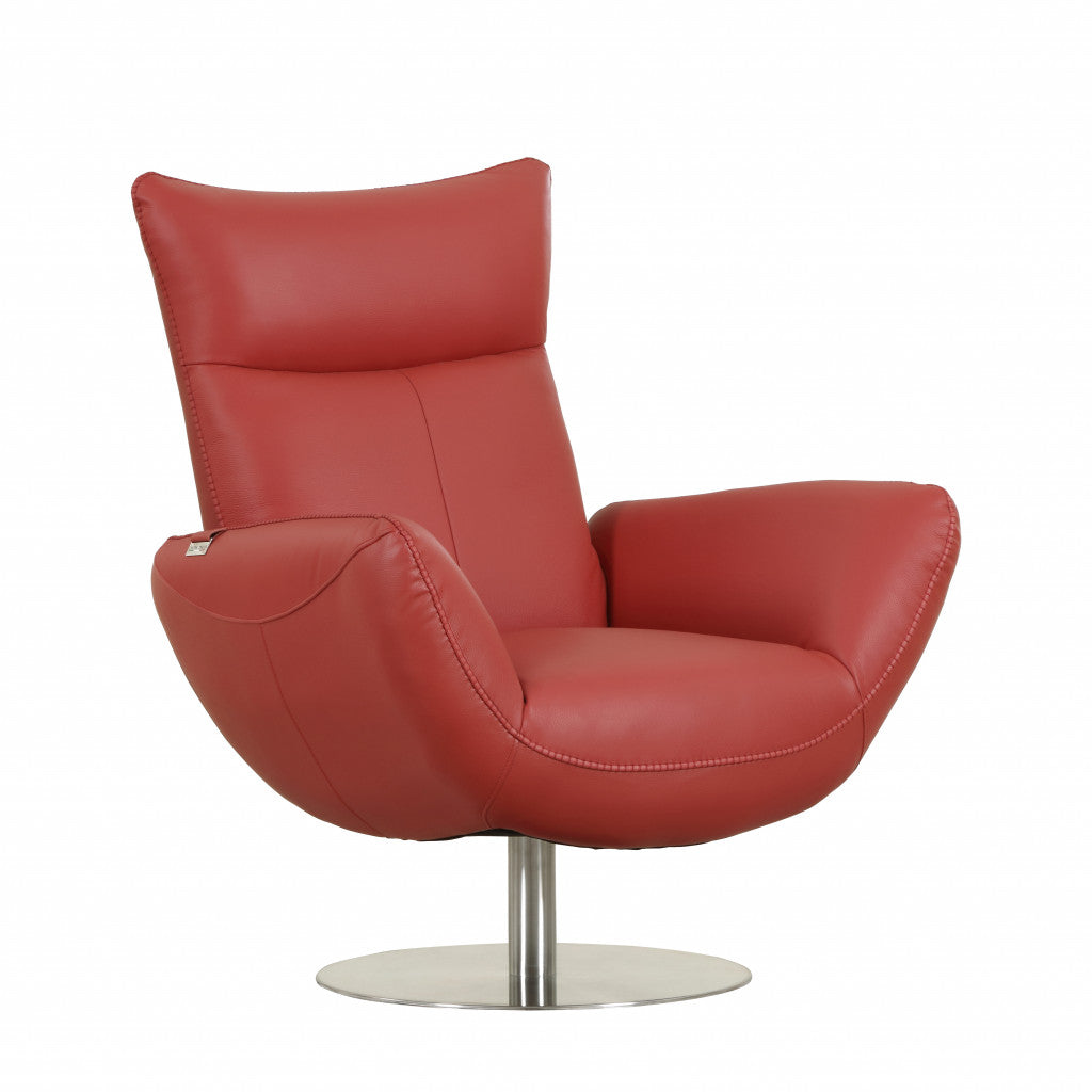 37" Orange And Silver Genuine Leather Lounge Chair