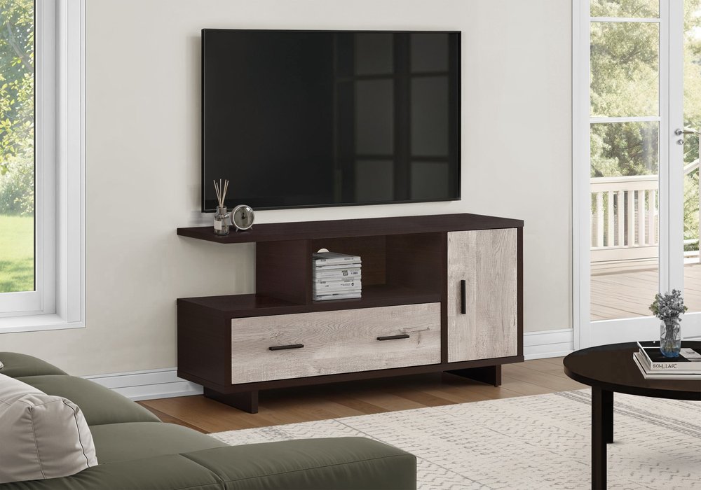 47" Brown and Gray Platform Entertainment Console with Cabinets