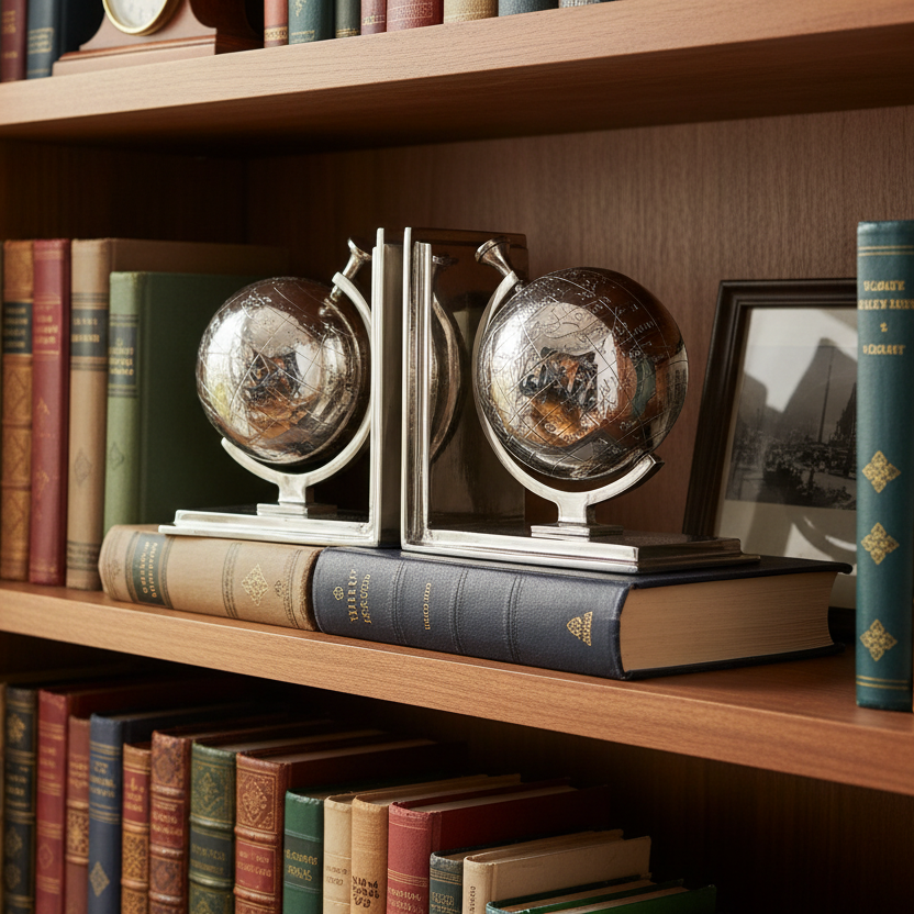 6" Silver Metal Globe Bookends