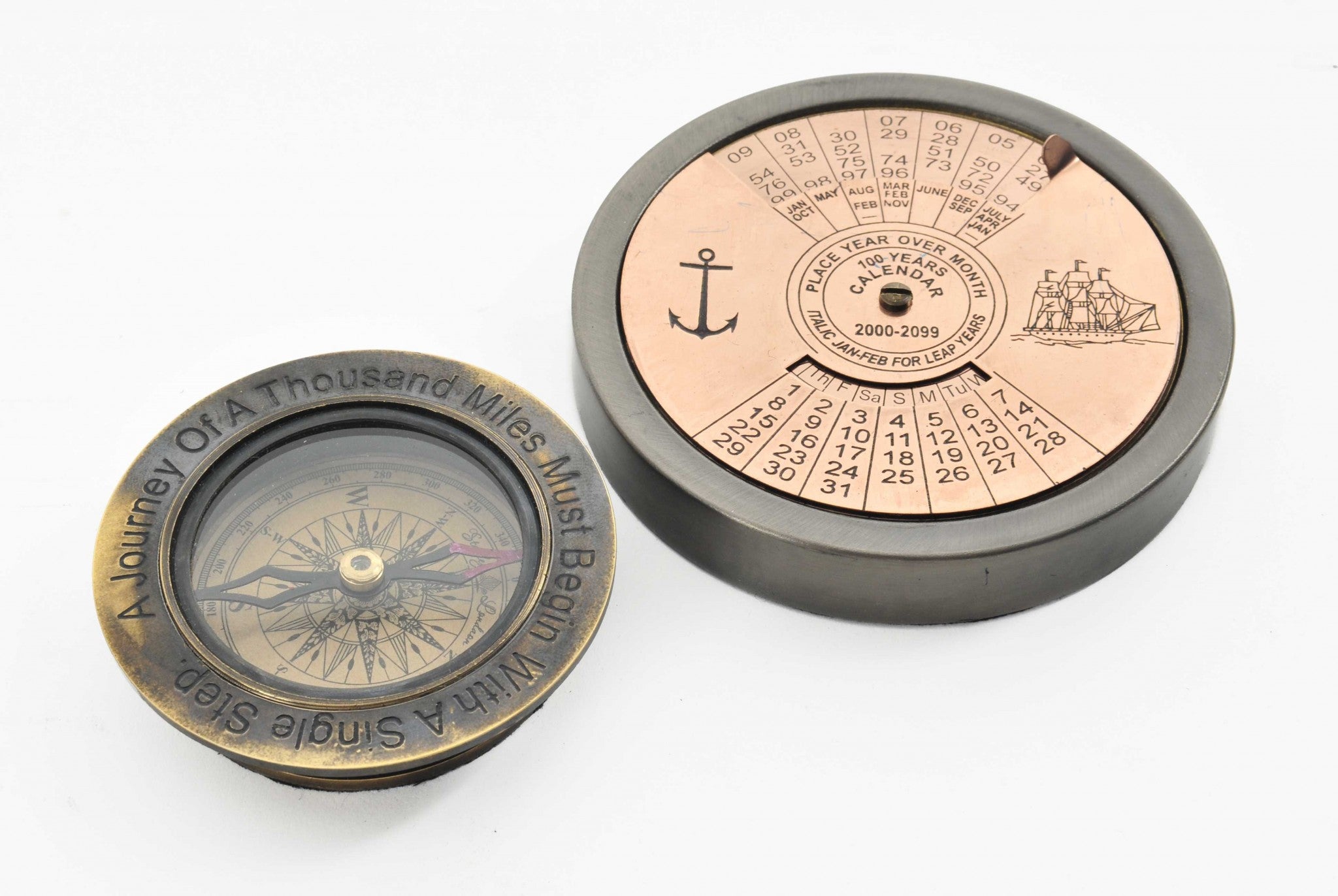 2 Piece Brass 100 Year Nautical Compass and Calendar