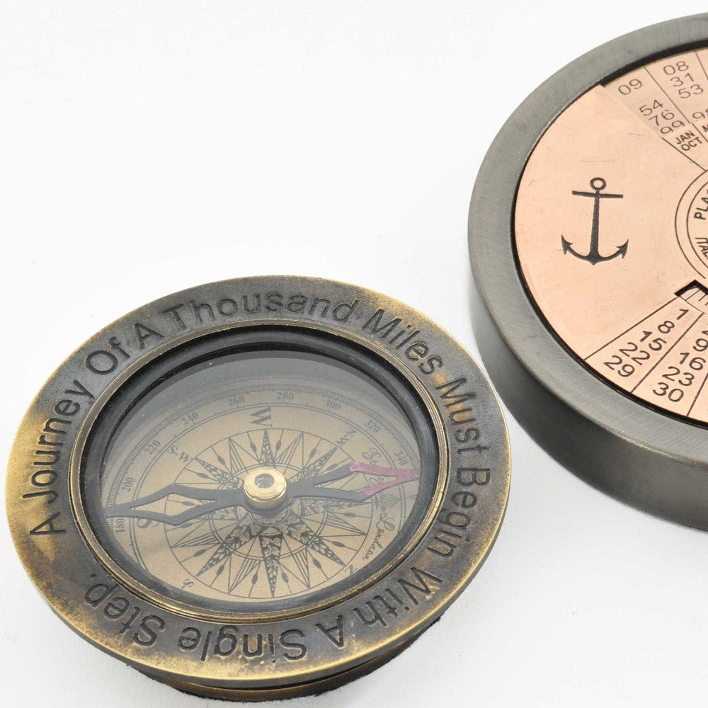 2 Piece Brass 100 Year Nautical Compass and Calendar