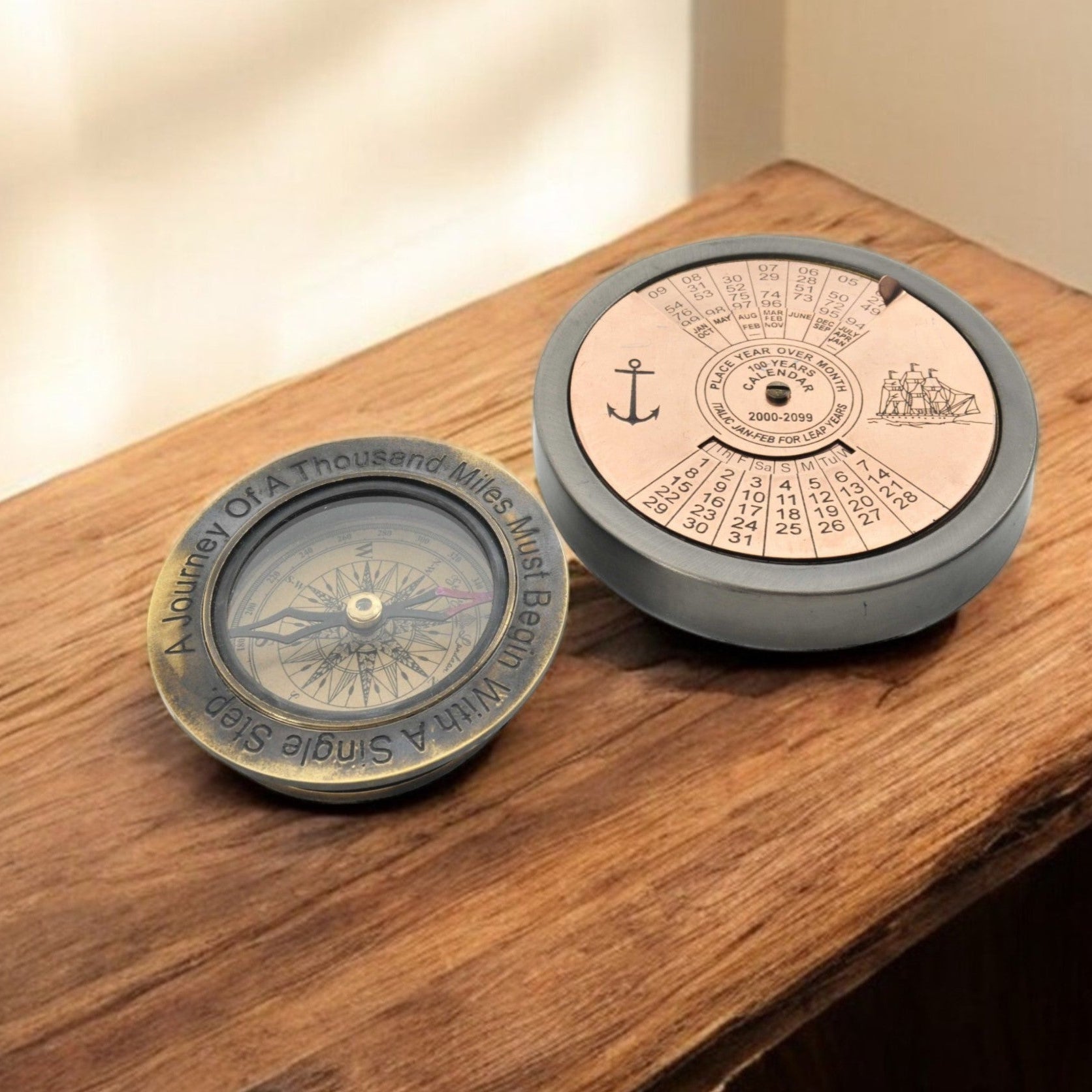 2 Piece Brass 100 Year Nautical Compass and Calendar