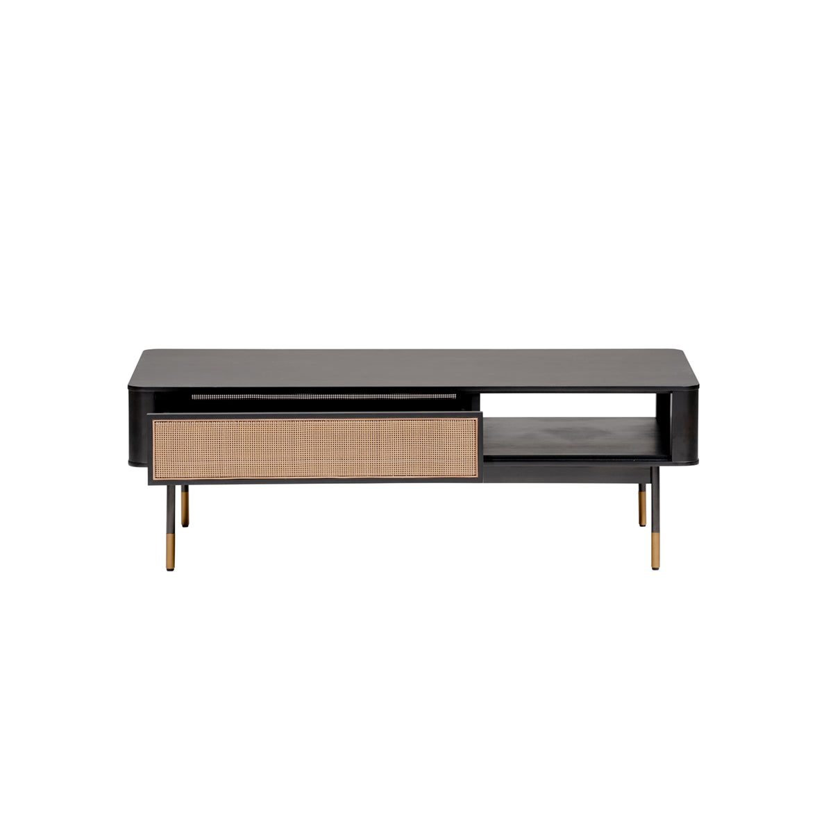 47" Black Wood and Rattan Coffee Table