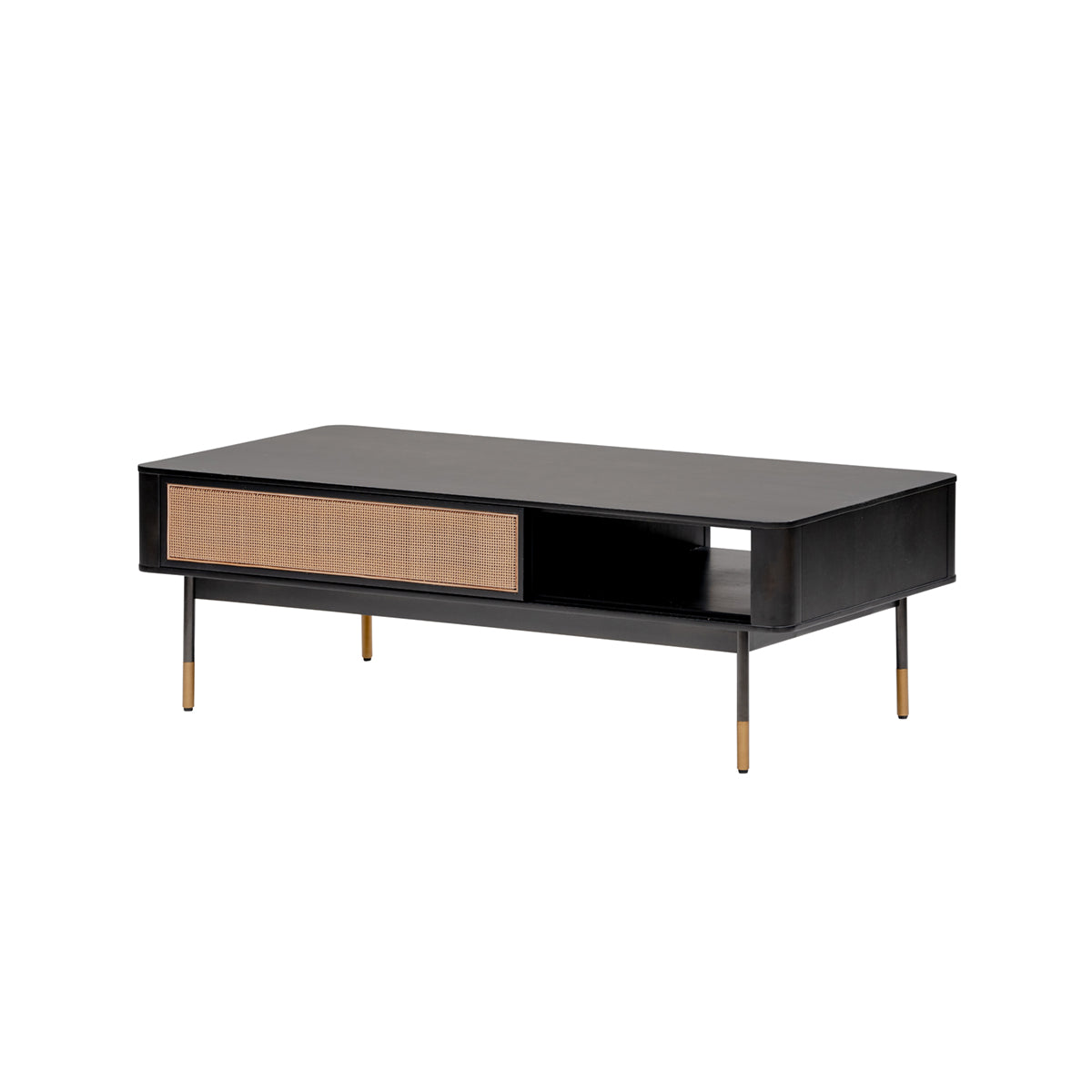 47" Black Wood and Rattan Coffee Table