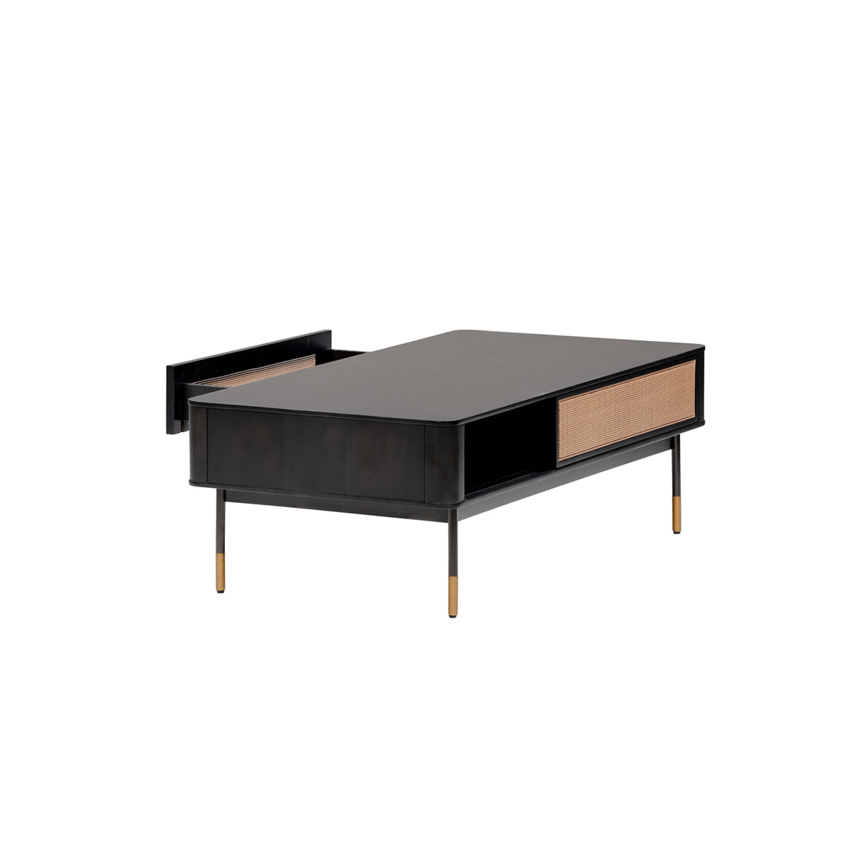 47" Black Wood and Rattan Coffee Table
