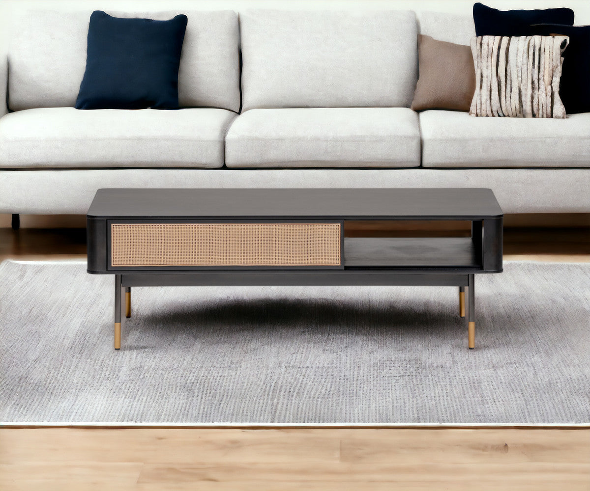 47" Black Wood and Rattan Coffee Table