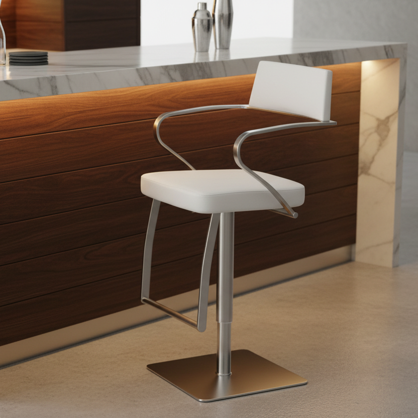 36" White and Silver Curved Arm Rest Bar Chair