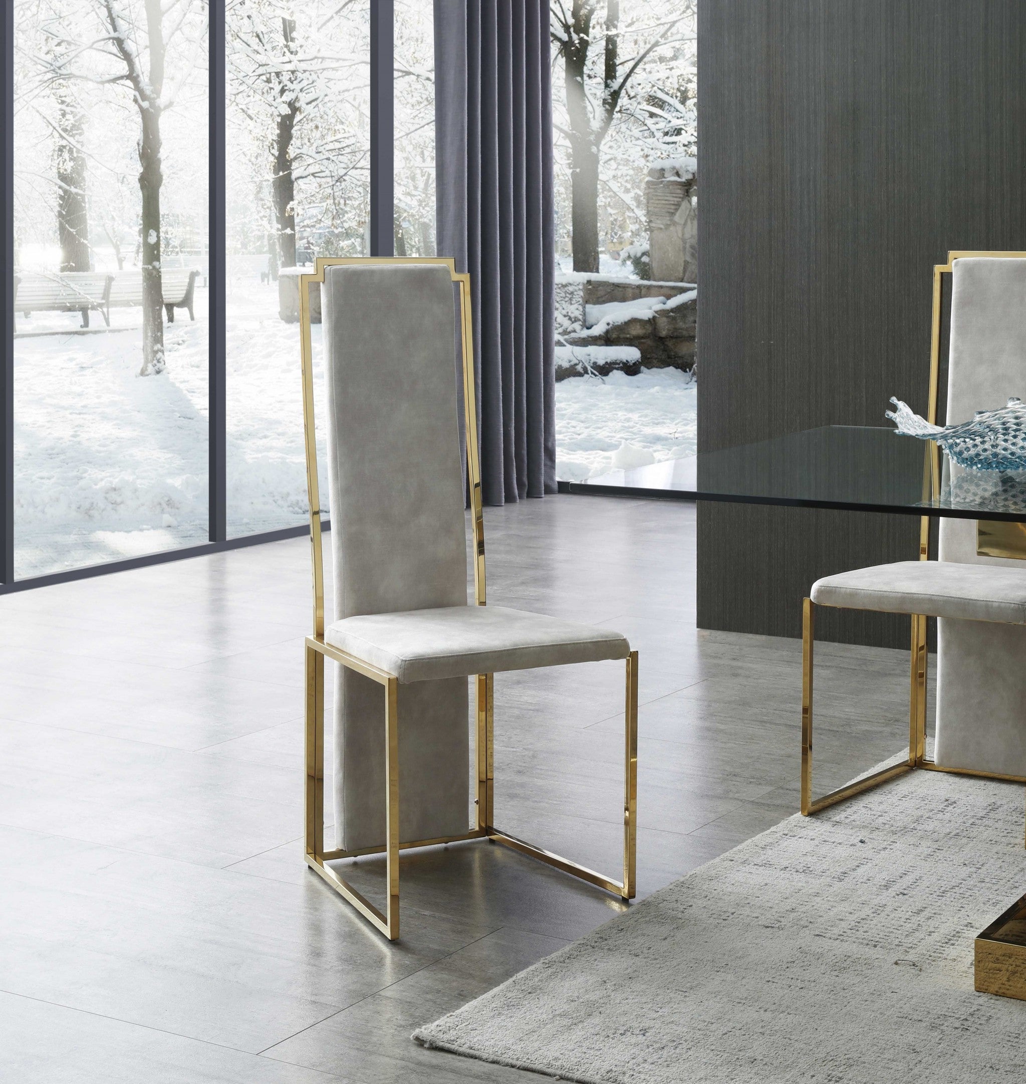 22" Set of Two Beige and Gold Tall Back Chair