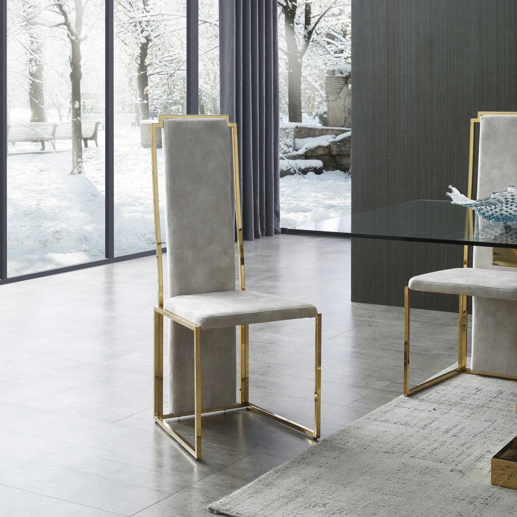 22" Set of Two Beige and Gold Tall Back Chair