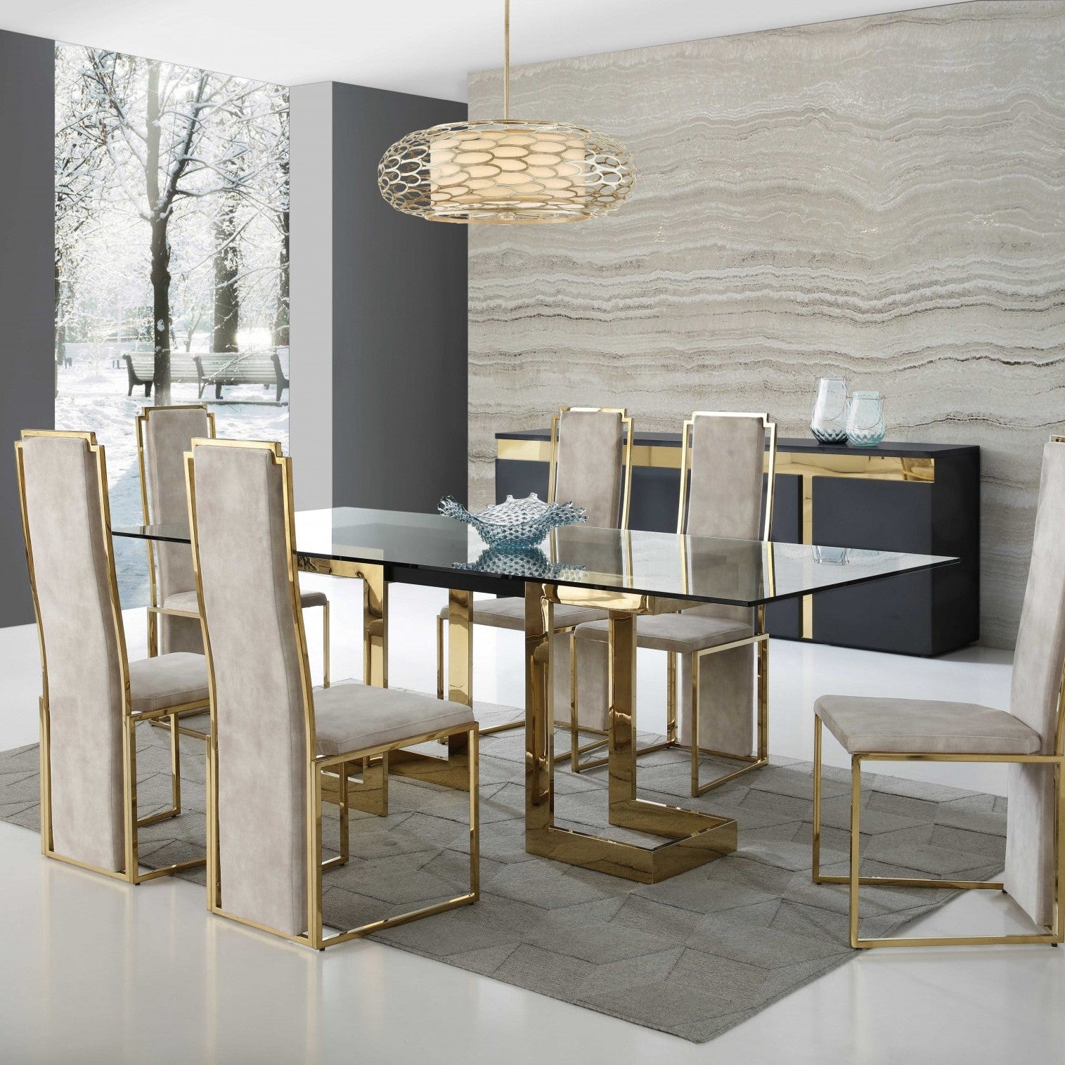 87" Gold Glass Pedestal Dining Table