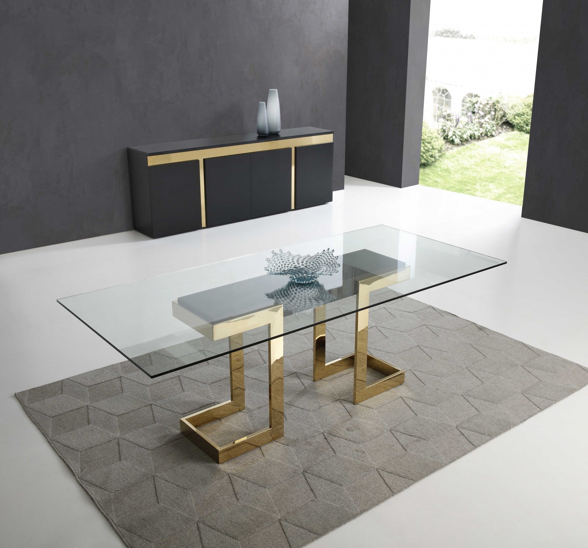 87" Gold Glass Pedestal Dining Table
