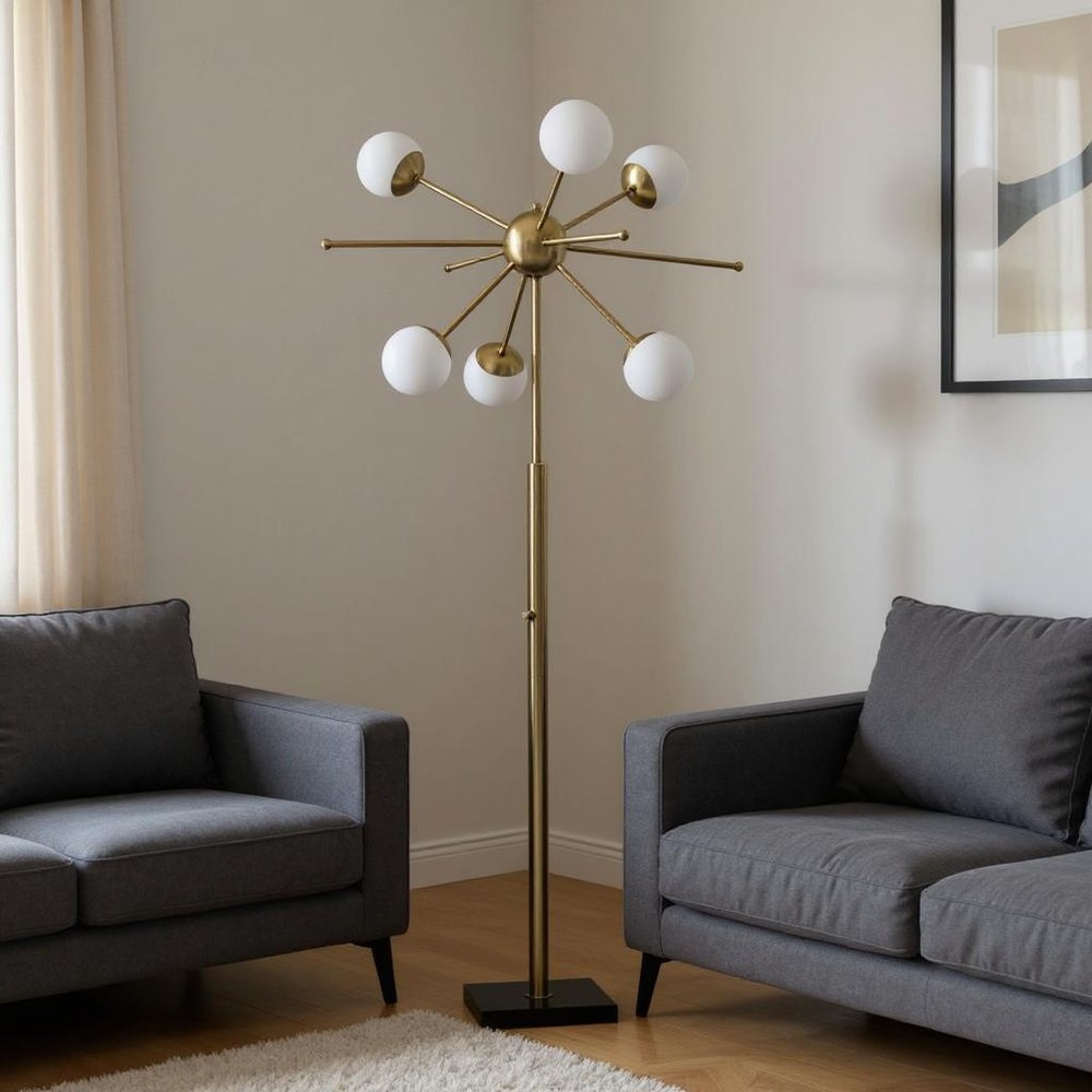 64" Brass Six Light Globe Floor Lamp