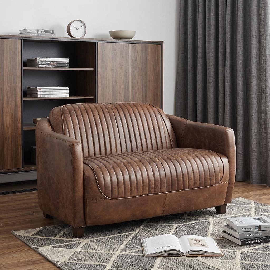 50" Brown Leather Channel Back Loveseat