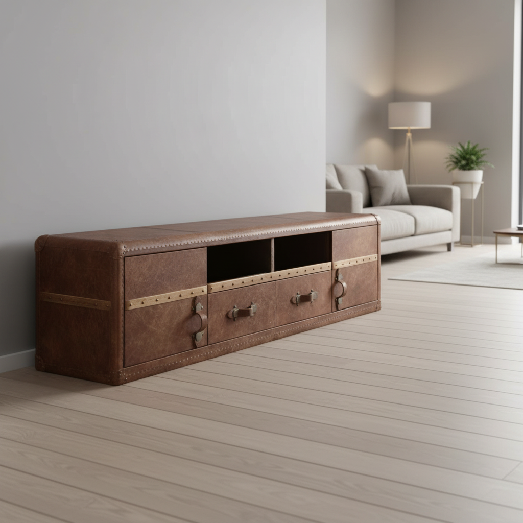 80" Brown Leather Tv Stand With Storage