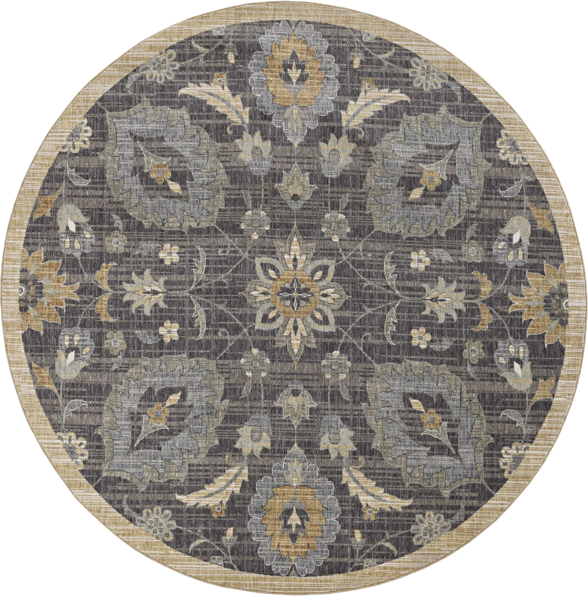 9' Taupe and Tan Round Floral Traditional Rug