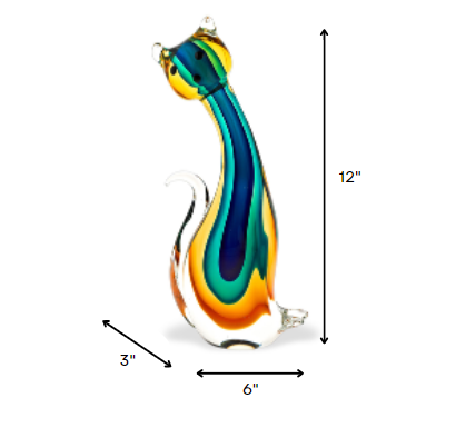 12" Yellow, Green, and Black Murano Glass Cat Sculpture