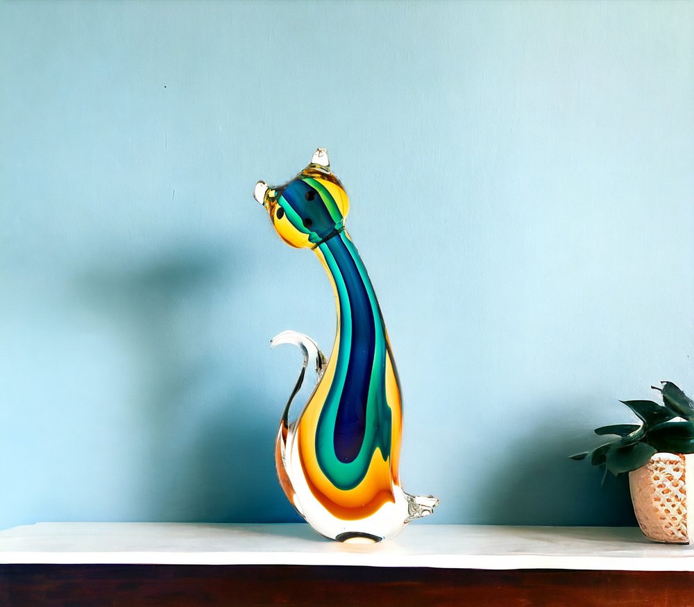 12" Yellow, Green, and Black Murano Glass Cat Sculpture