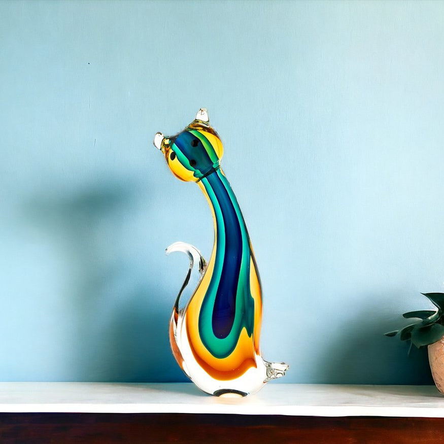 12" Yellow, Green, and Black Murano Glass Cat Sculpture
