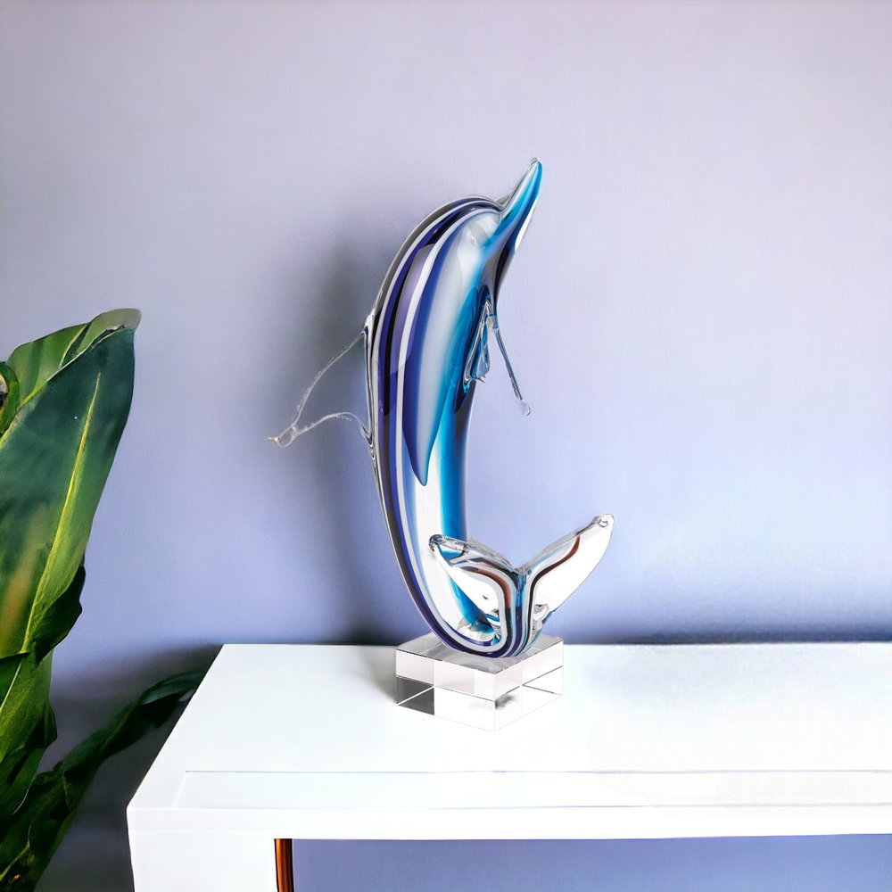 14" Blue Murano Glass Dolphin Sculpture