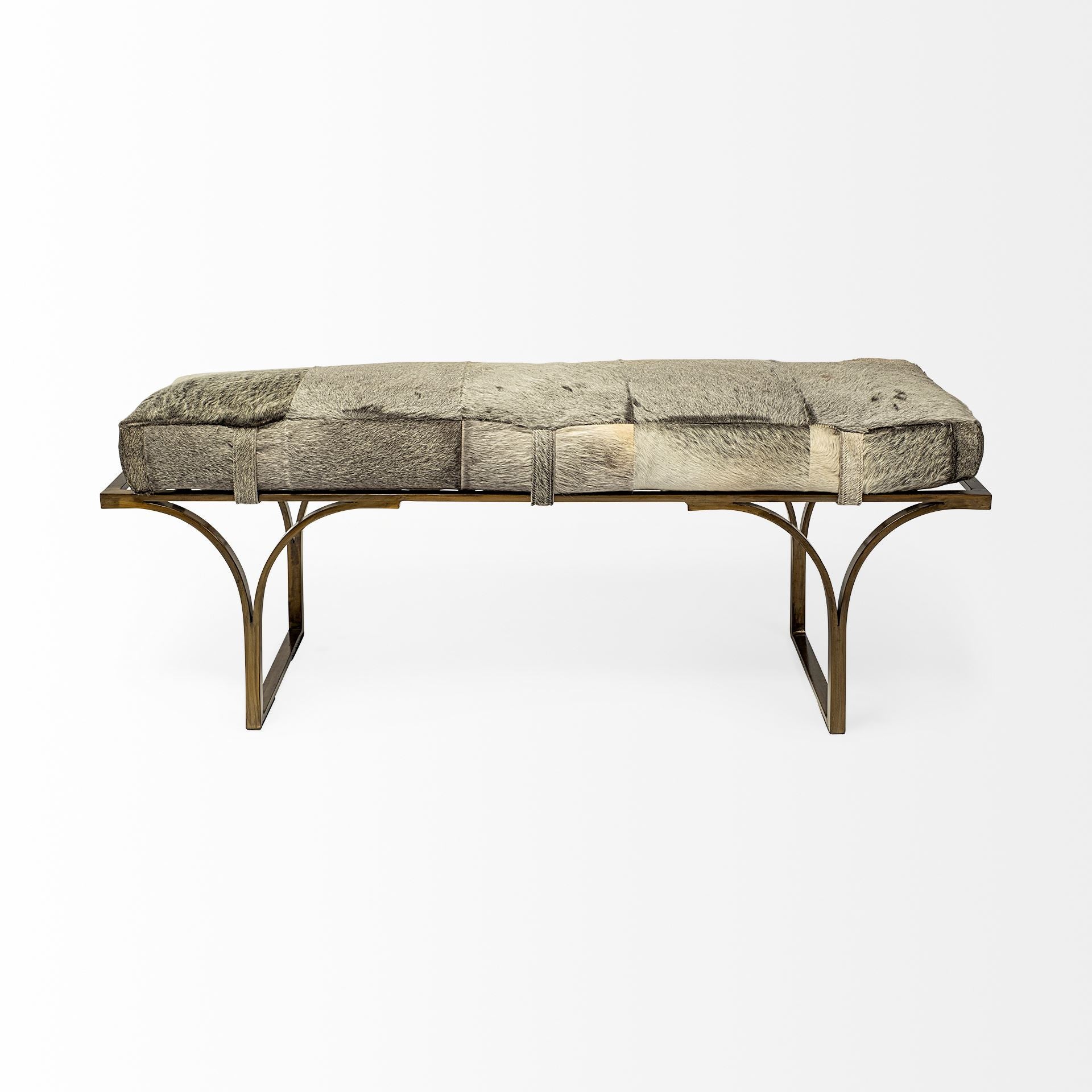 55" Gray and Brass Faux Fur Bench