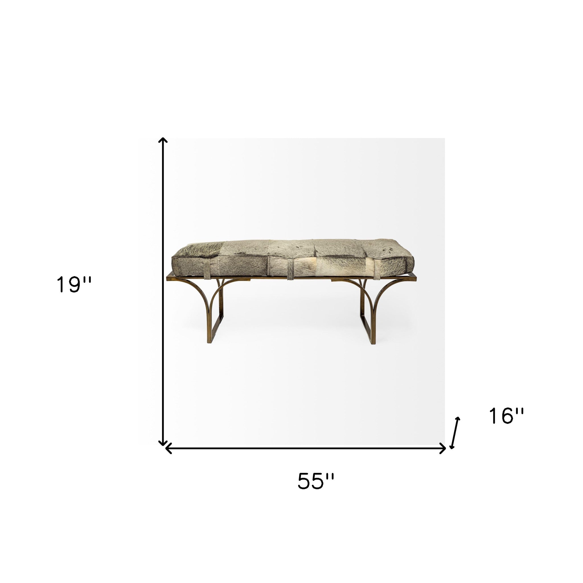 55" Gray and Brass Faux Fur Bench