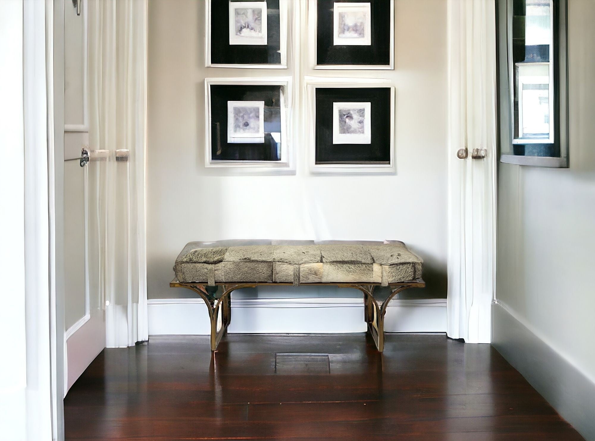 55" Gray and Brass Faux Fur Bench