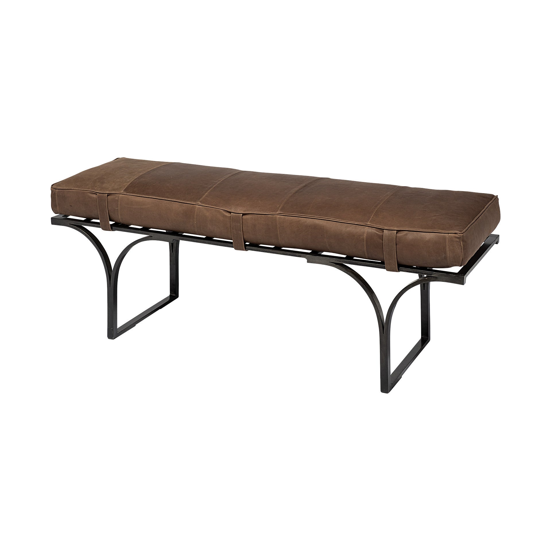 55" Leather and Antiquated Brass Bench