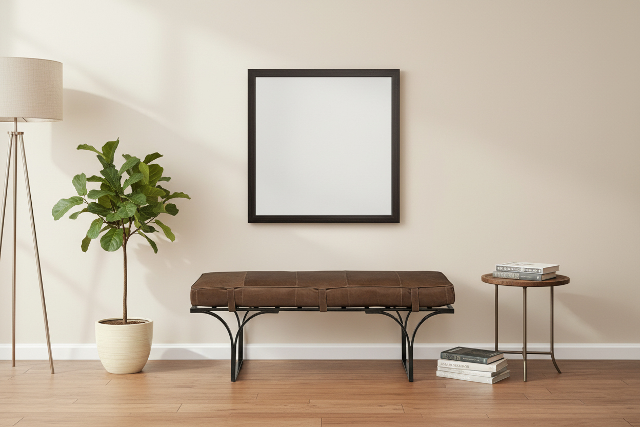 55" Leather and Antiquated Brass Bench