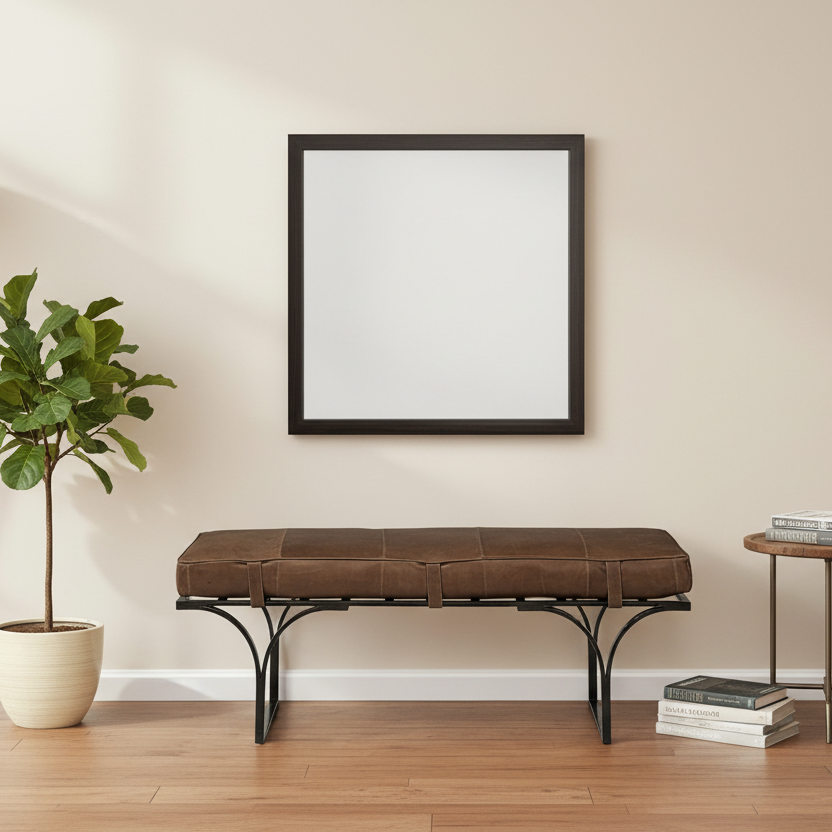55" Leather and Antiquated Brass Bench
