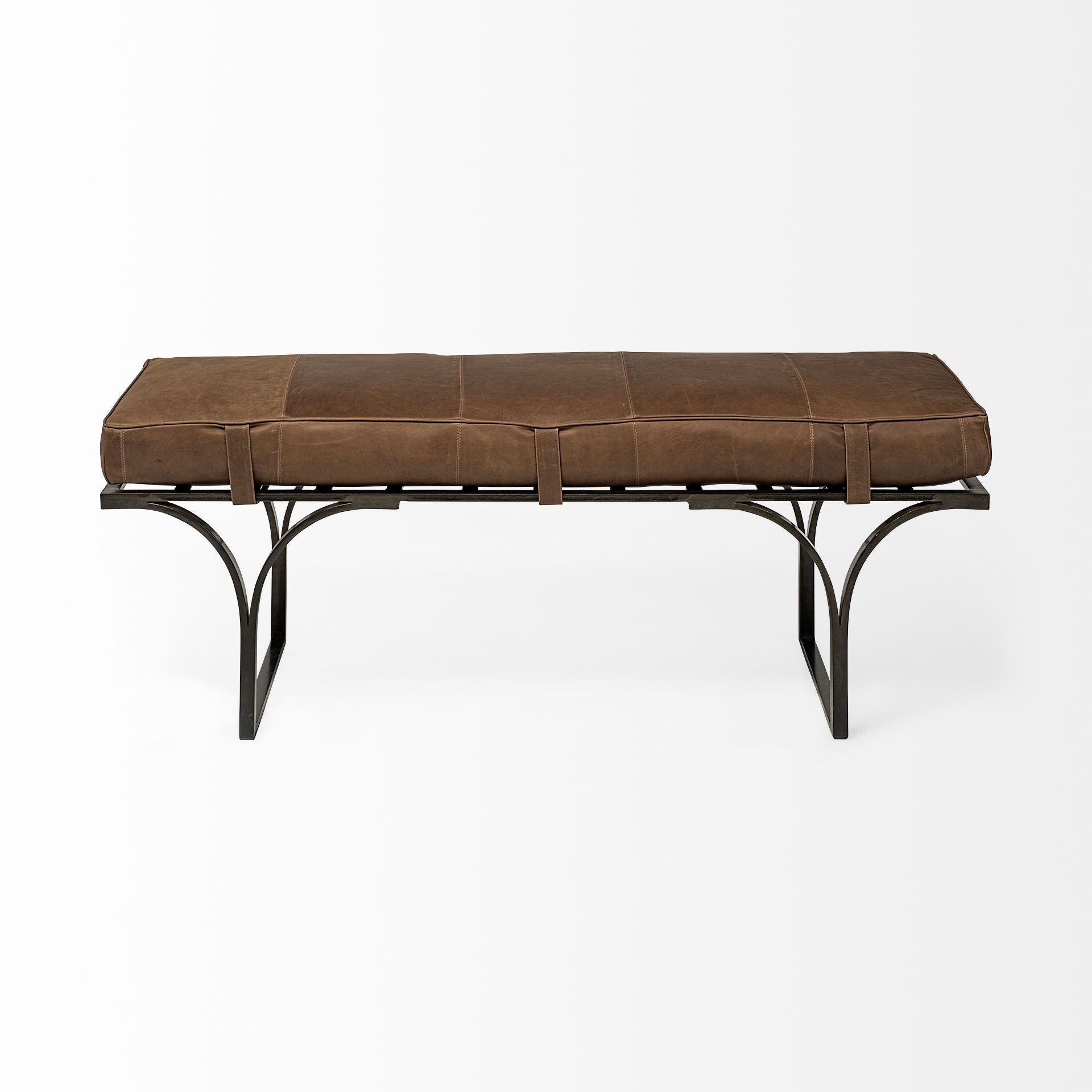 55" Leather and Antiquated Brass Bench