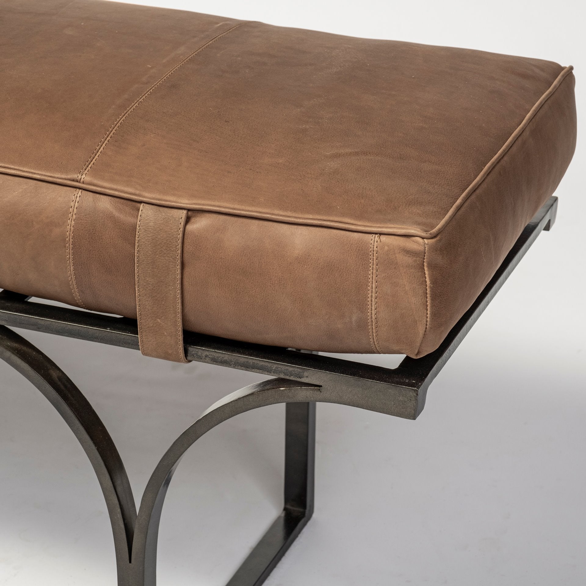 55" Leather and Antiquated Brass Bench