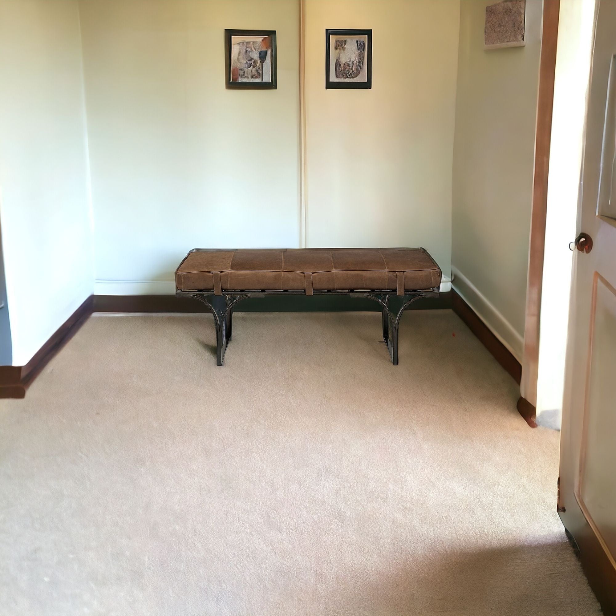 55" Leather and Antiquated Brass Bench