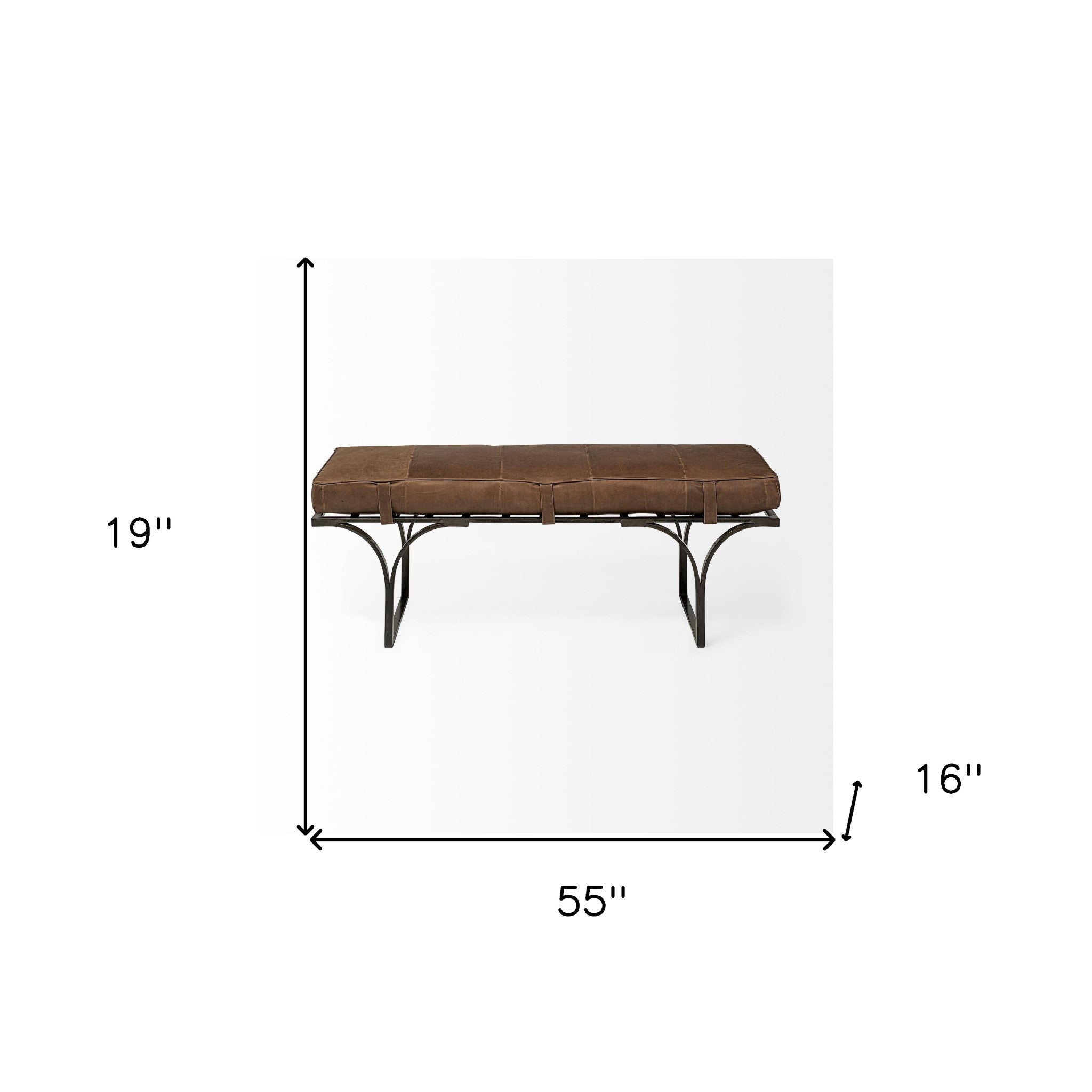 55" Leather and Antiquated Brass Bench