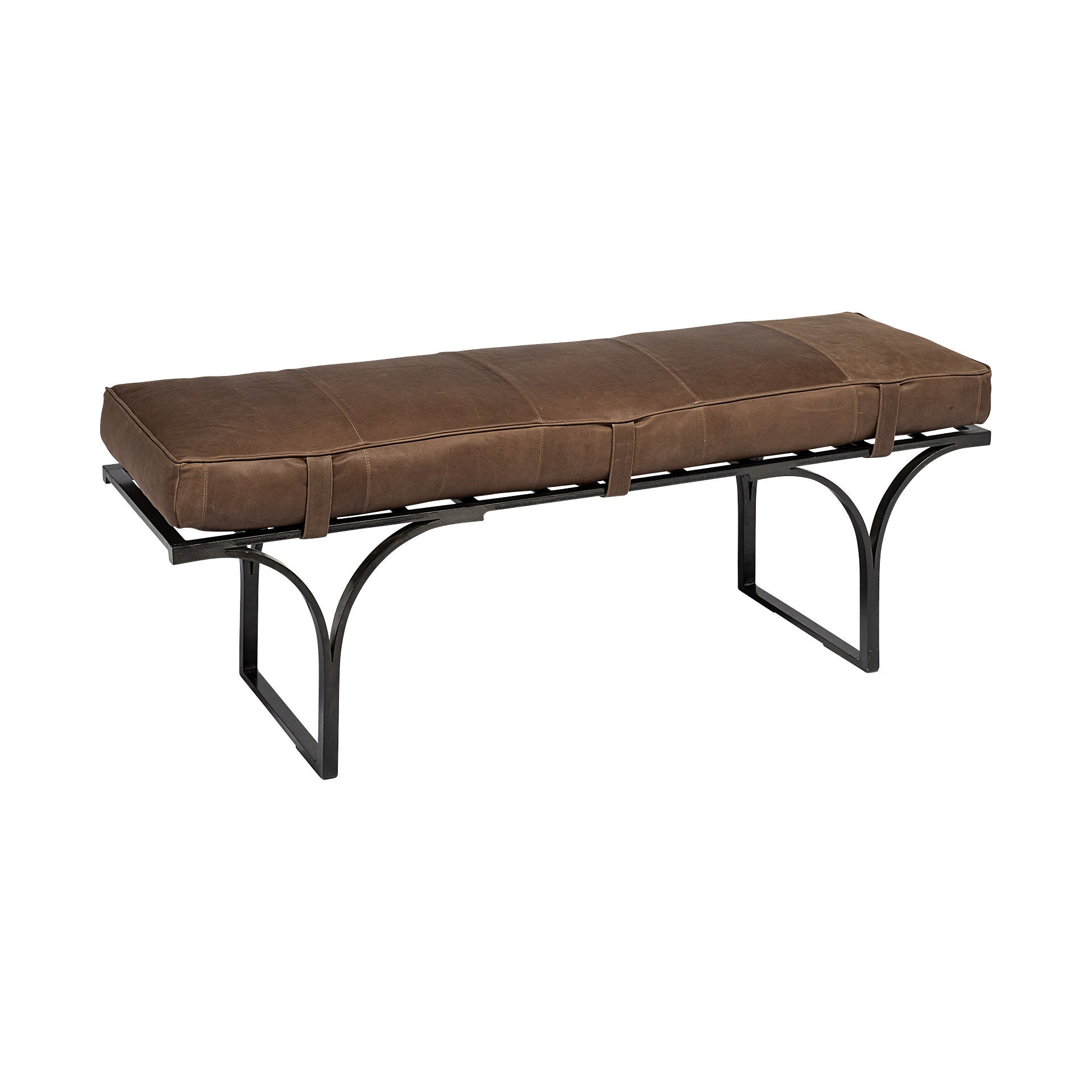 55" Leather and Antiquated Brass Bench