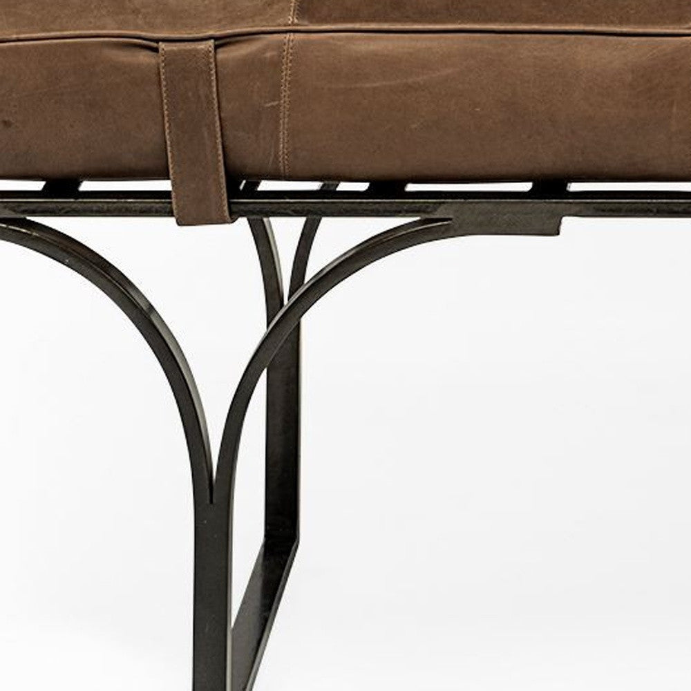 55" Leather and Antiquated Brass Bench