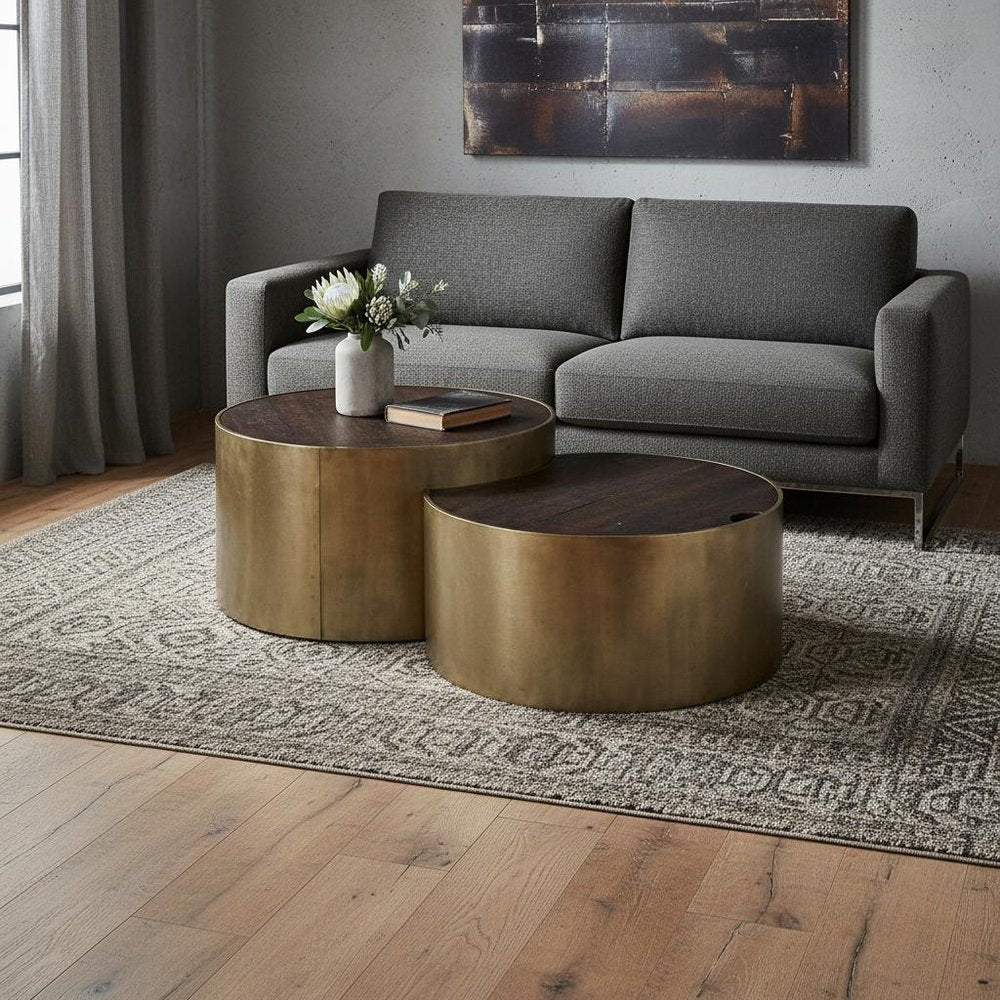 39" Brass and Wood Nested Coffee Tables