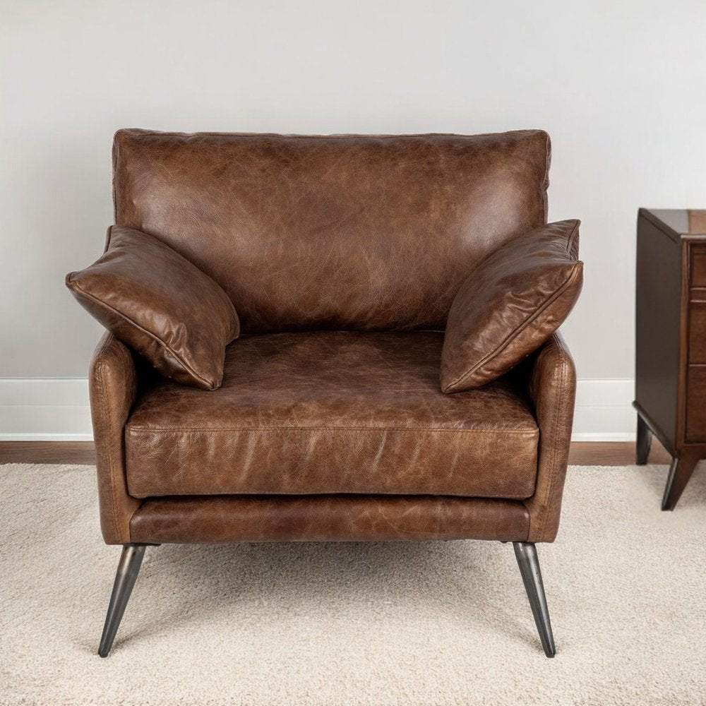 33" Brown Faux Leather Distressed Armchair