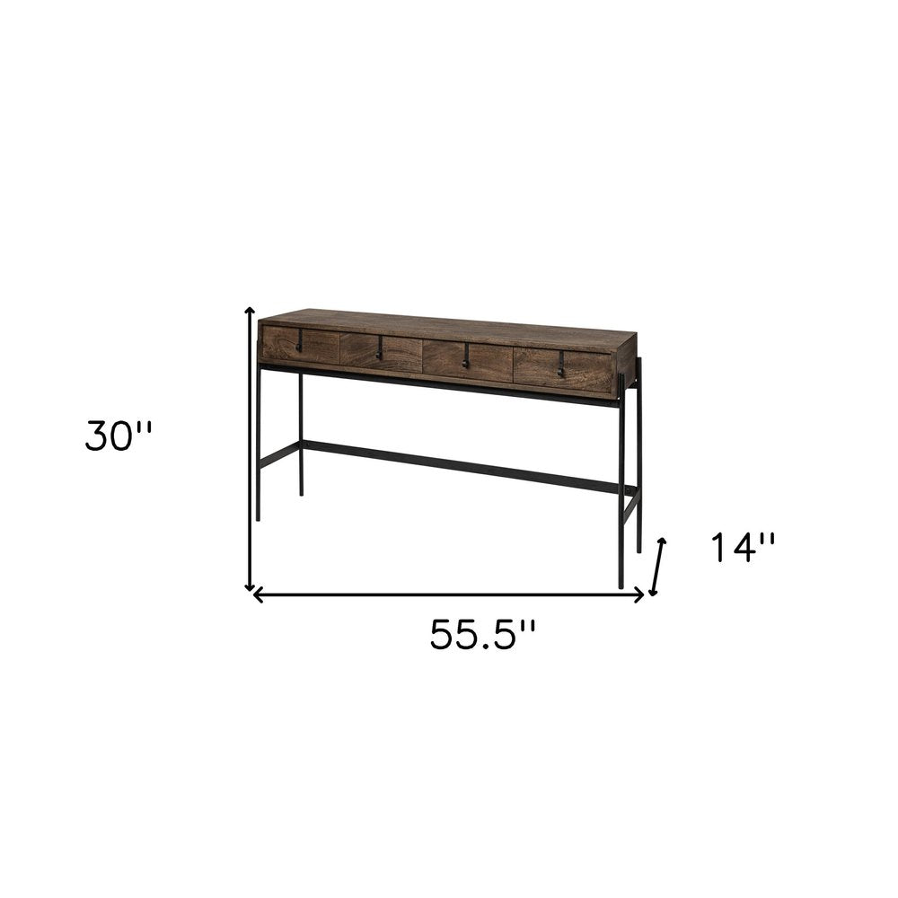 56" Brown Industrial Metal and Wood Console Table