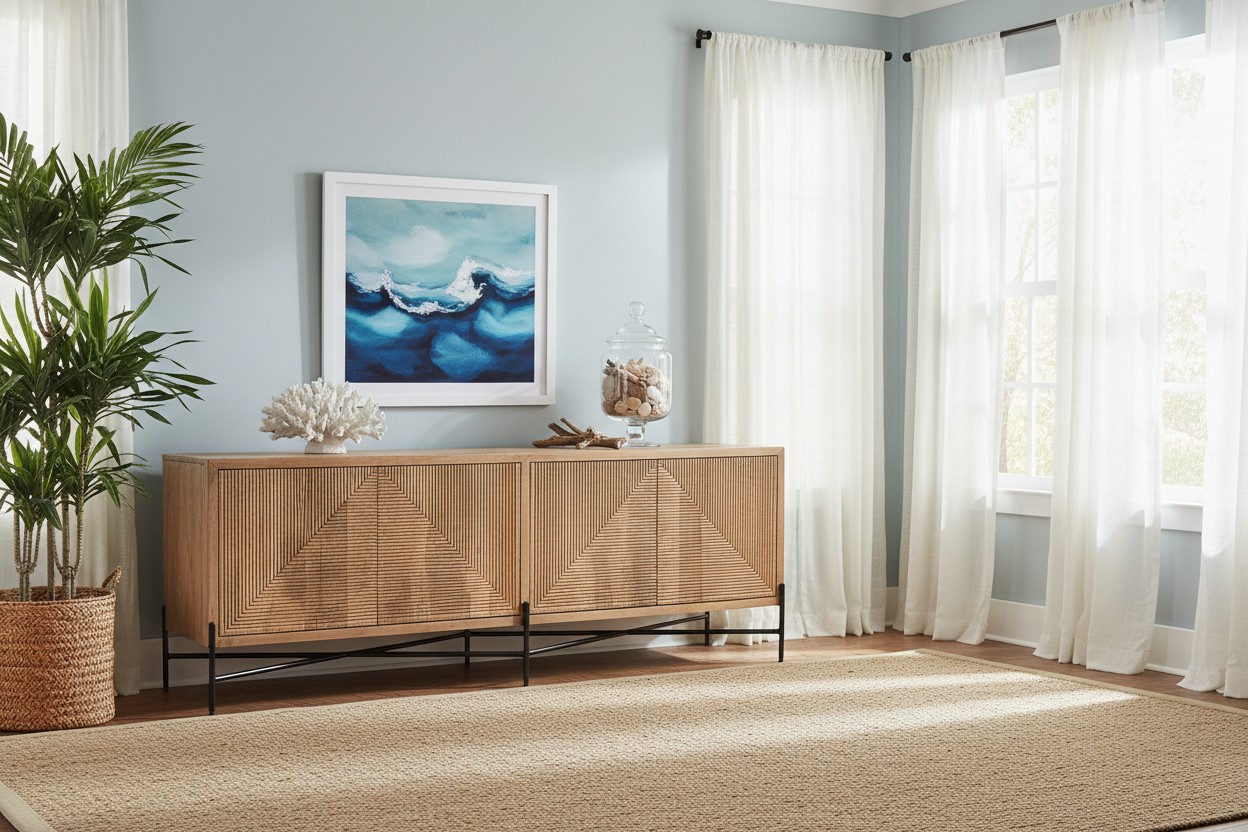 78" Brown Geometric Carved Coastal Buffet
