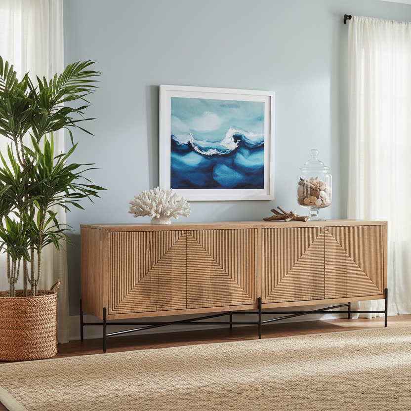 78" Brown Geometric Carved Coastal Buffet
