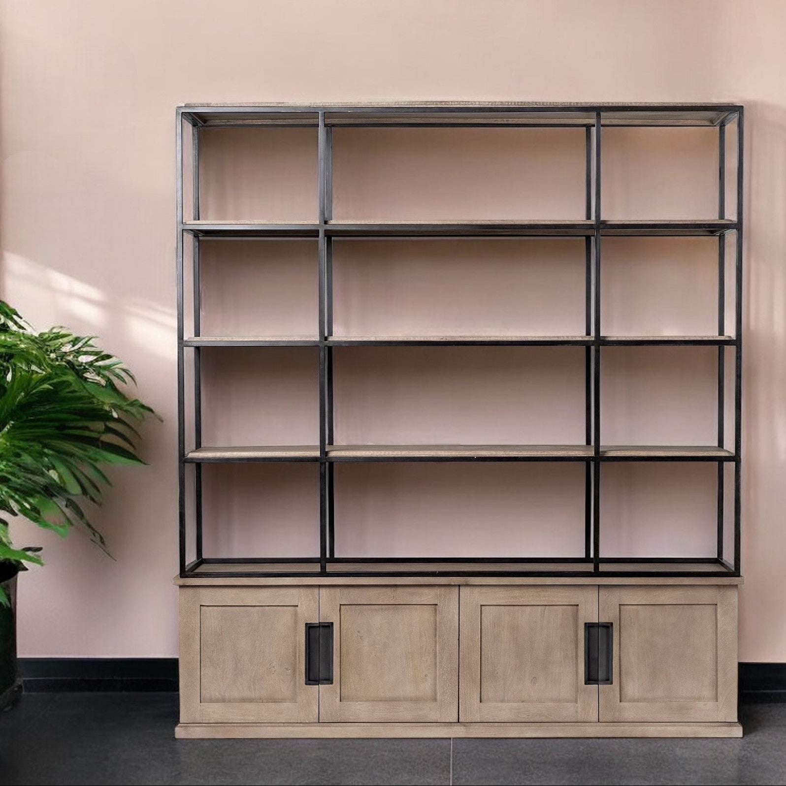 81" Light Brown Wood And Iron Shelving Unit With 3 Shelves