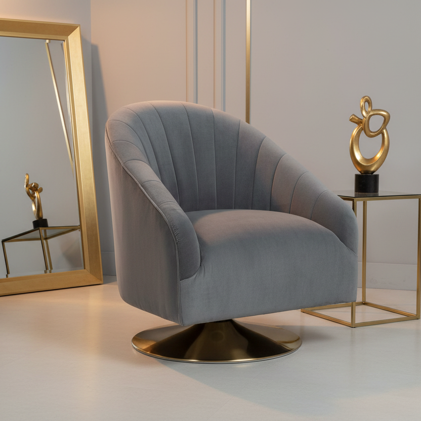29" Gray and Copper Art Deco Swivel Accent Chair