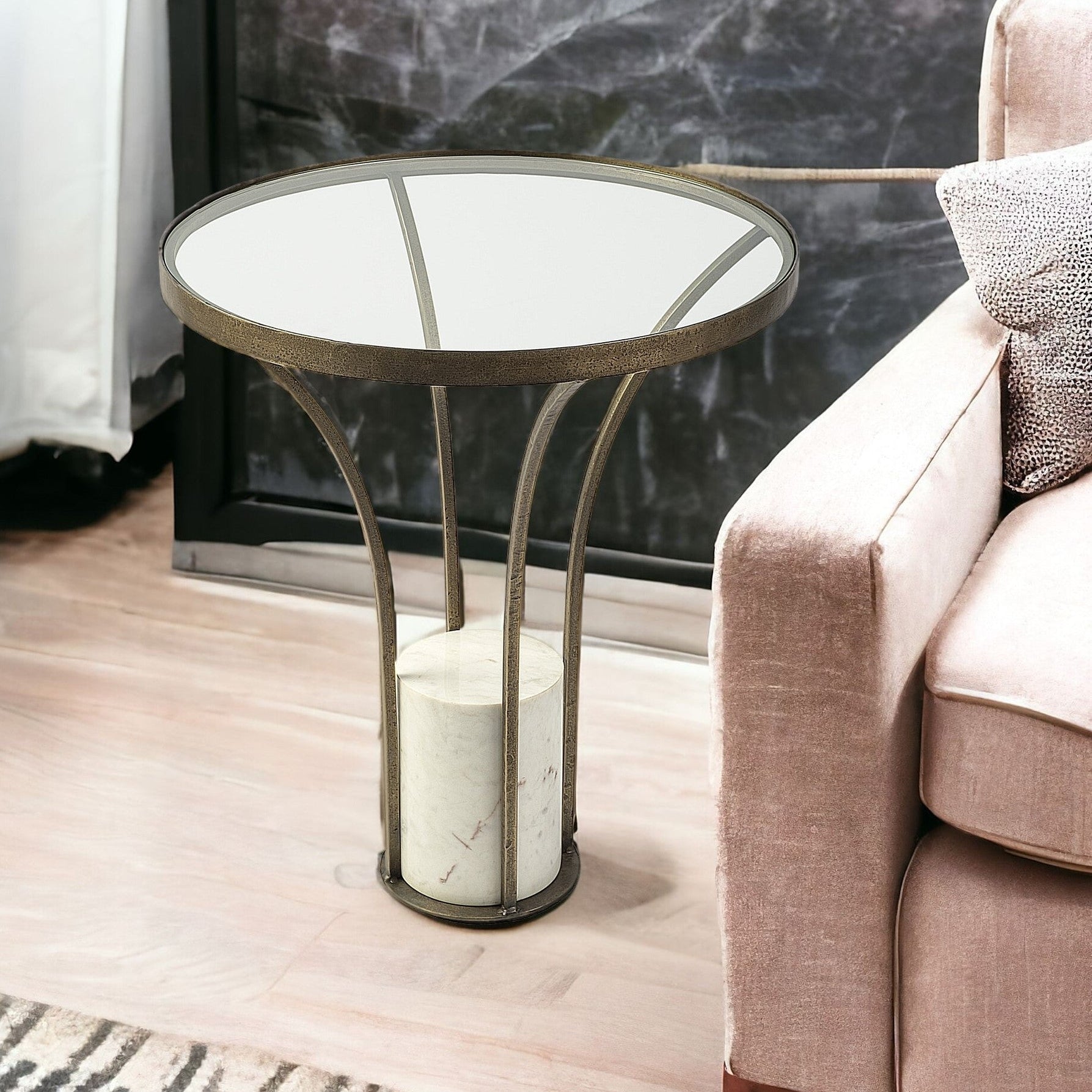 24" Gold and White Metal and Marble Pedestal Side Table