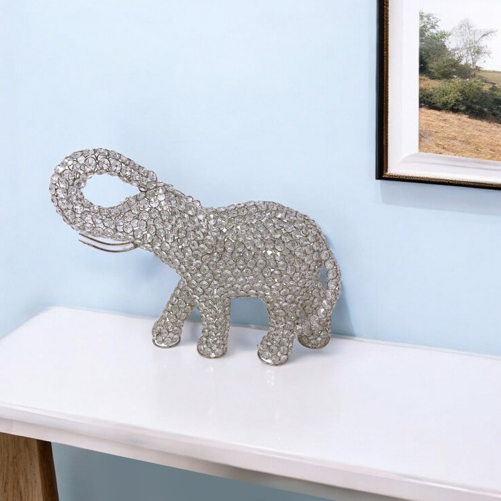 15" Silver Faux Crystal Elephant Sculpture