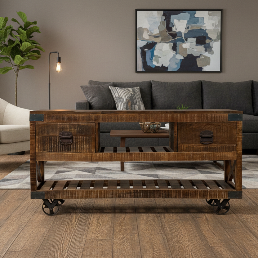 59" Brown Distressed Wood Wheel Console Table