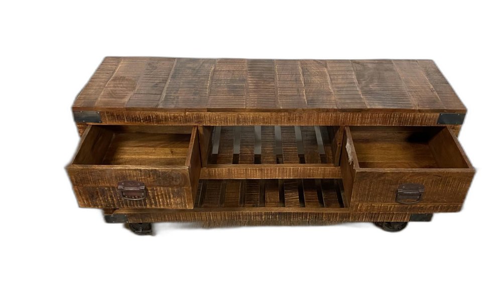 59" Brown Distressed Wood Wheel Console Table