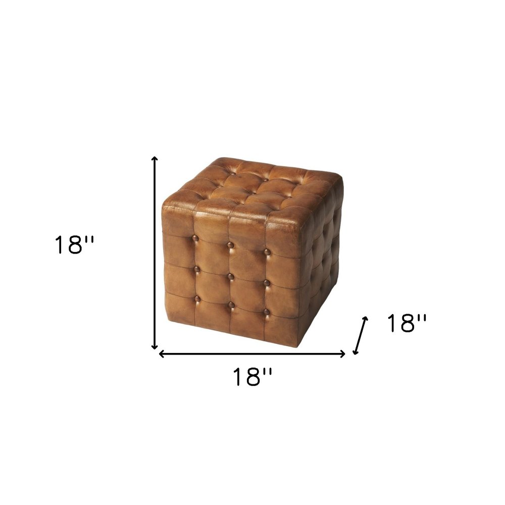 18" Brown Vintage Tufted Leather Cube Ottoman