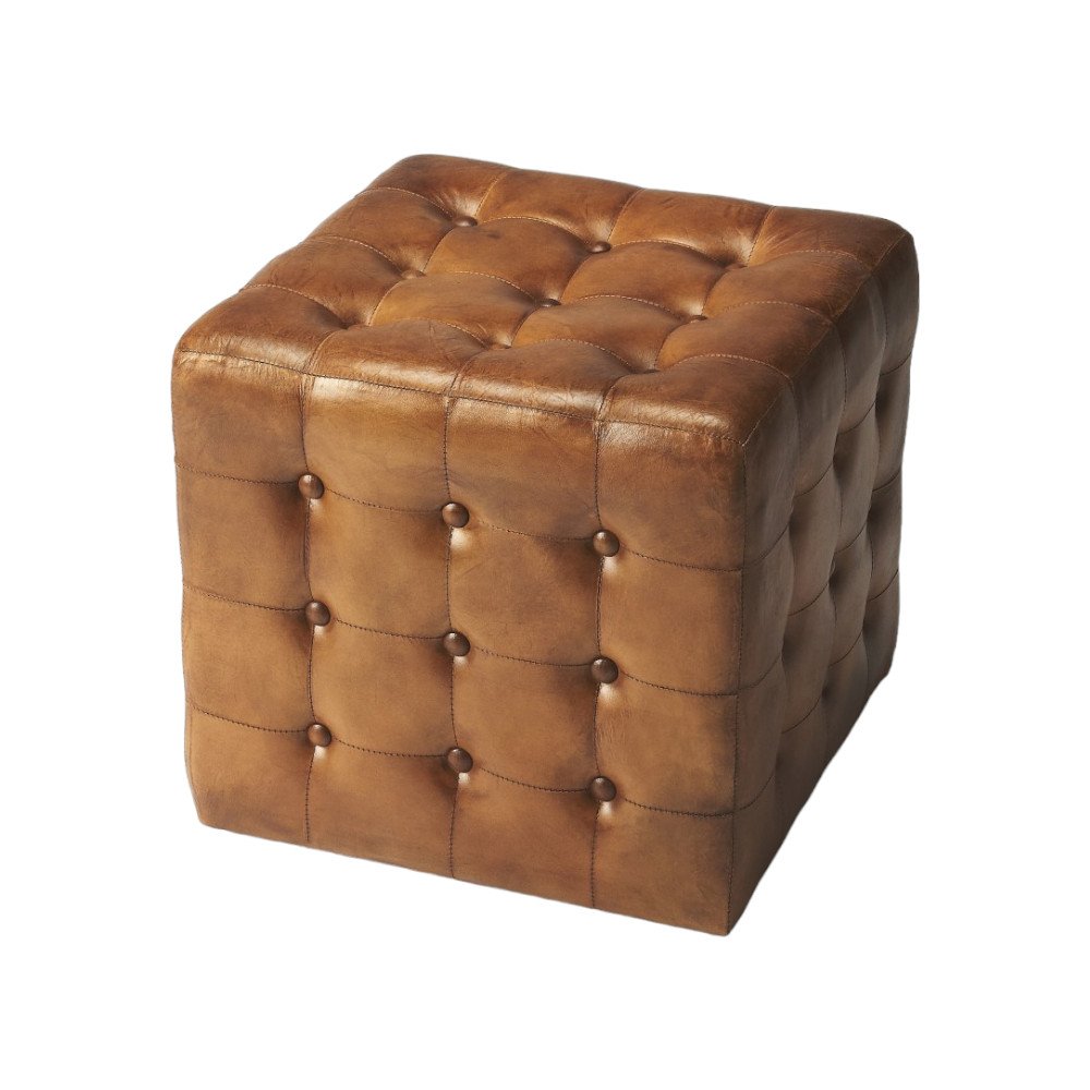 18" Brown Vintage Tufted Leather Cube Ottoman